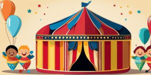 Carpa de circo con payasos, malabaristas y niños riendo