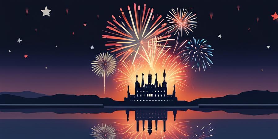 Celebración de fuegos artificiales iluminando el cielo nocturno con un castillo, rodeado de una multitud emocionada
