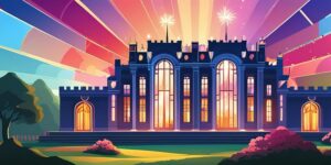 Castillo iluminado con luces y colores vibrantes