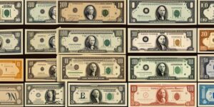 Billetes de diferentes denominaciones en un collage con fondo de las Fallas