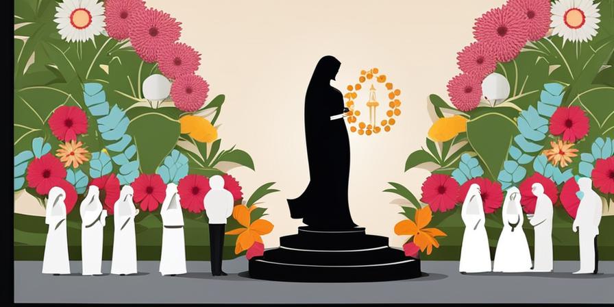 Alt text: Multitud en trajes tradicionales entregando flores a la estatua de la Virgen