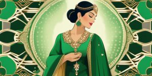 Mujer con traje tradicional de fallera verde y joyas brillantes sosteniendo abanico