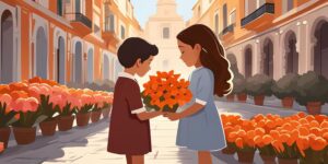 Grupo de niños felices ofreciendo flores en las fallas de Valencia